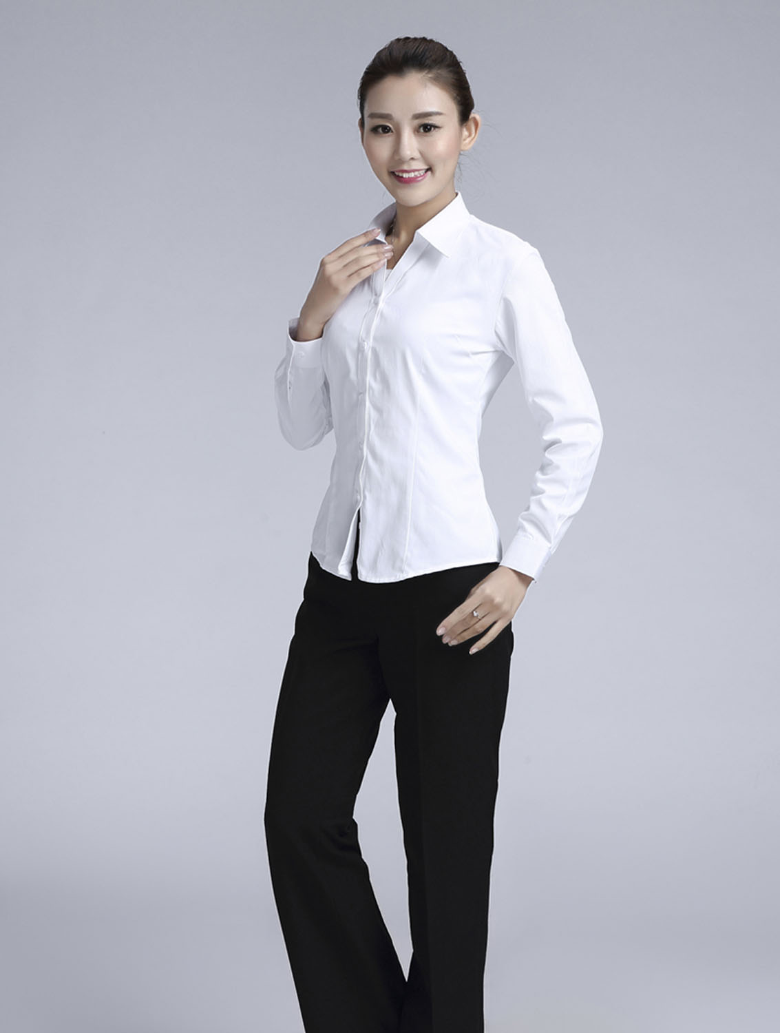 白色女款滌棉翻領長袖修身襯衫-3016-1#