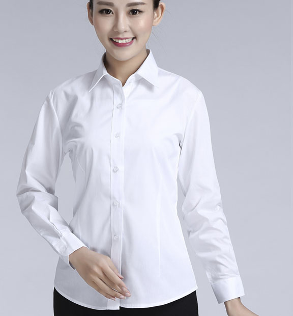 白色斜紋女款滌棉翻領長袖修身襯衫-CVC021#