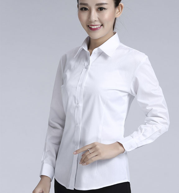 白色斜紋女款滌棉翻領長袖修身襯衫-CVC021#