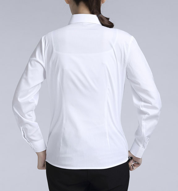 白色斜紋女款滌棉翻領長袖修身襯衫-CVC021#