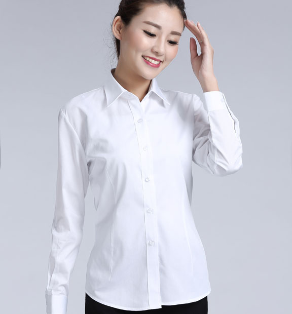 白色斜紋女款滌棉翻領長袖修身襯衫-CVC021#