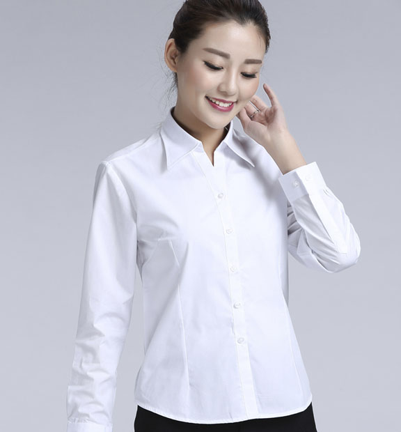 白色女款滌棉翻領長袖修身襯衫-TR0201#