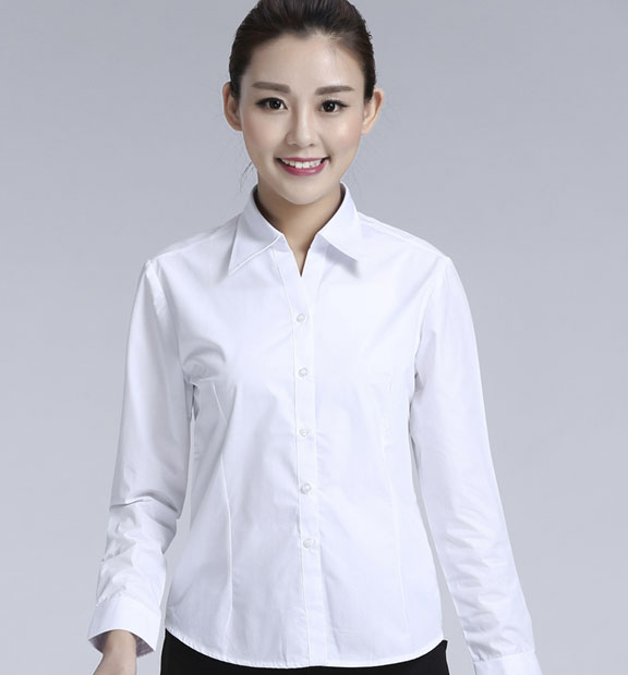 白色女款滌棉翻領長袖修身襯衫-TR0201#