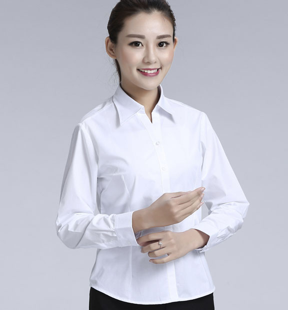 白色女款滌棉翻領長袖修身襯衫-TR0201#