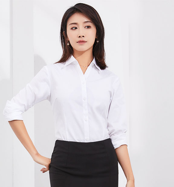 白色女款竹纖維抗皺翻領長袖修身襯衫-601#