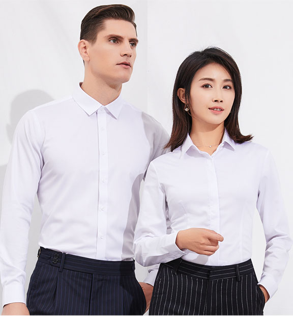 白色女款竹纖維抗皺翻領長袖修身襯衫-601#