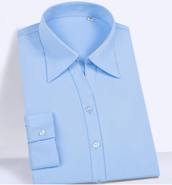 藍色女款竹纖維抗皺翻領長袖修身襯衫-611#