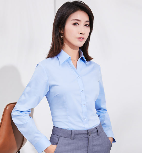 藍色女款竹纖維抗皺翻領長袖修身襯衫-611#
