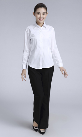 白色斜紋女款滌棉翻領長袖修身襯衫-CVC021#