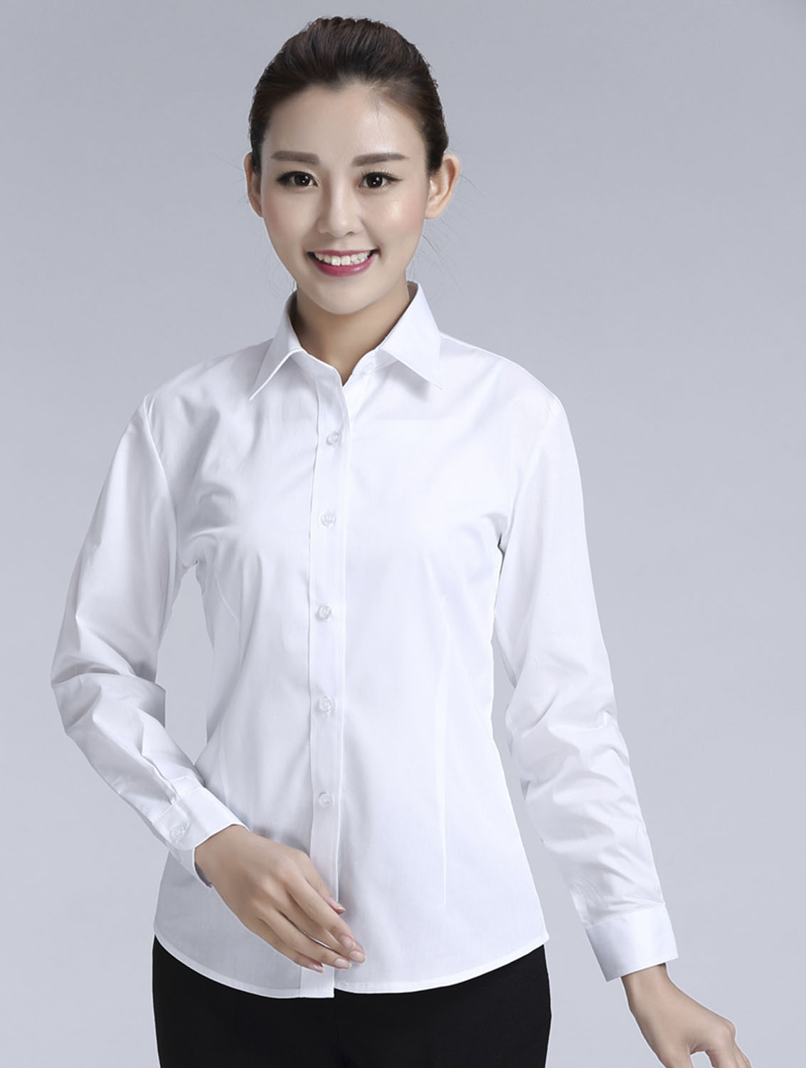 白色斜紋女款滌棉翻領長袖修身襯衫-CVC021#