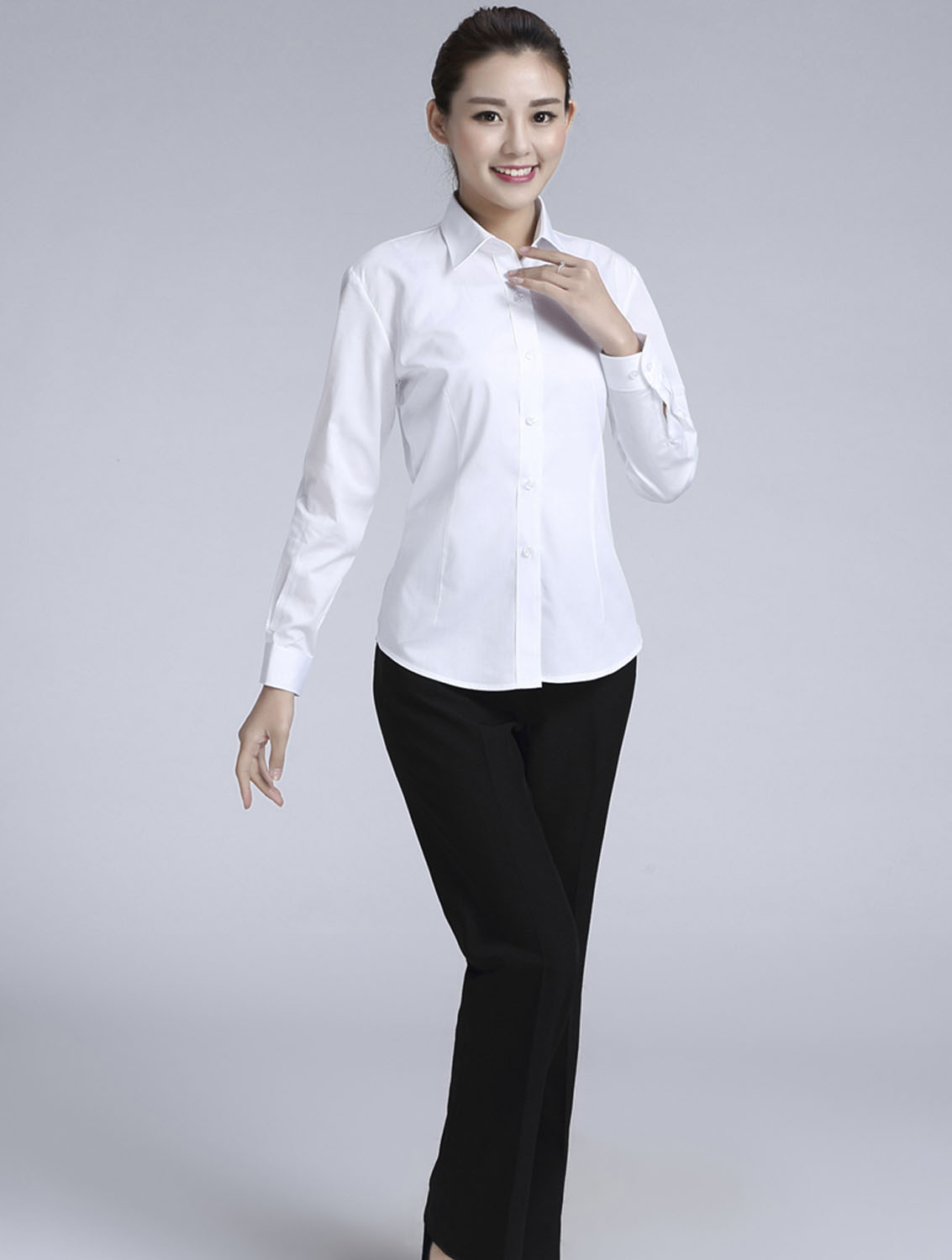 白色斜紋女款滌棉翻領長袖修身襯衫-CVC021#