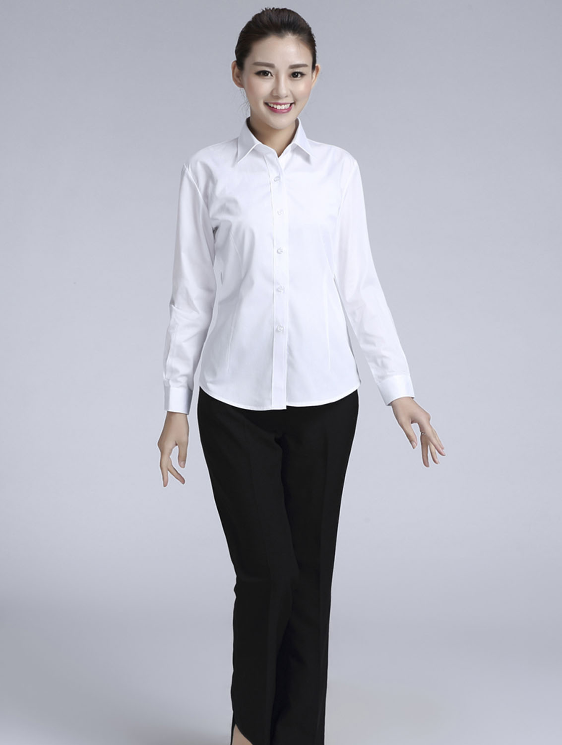 白色斜紋女款滌棉翻領長袖修身襯衫-CVC021#