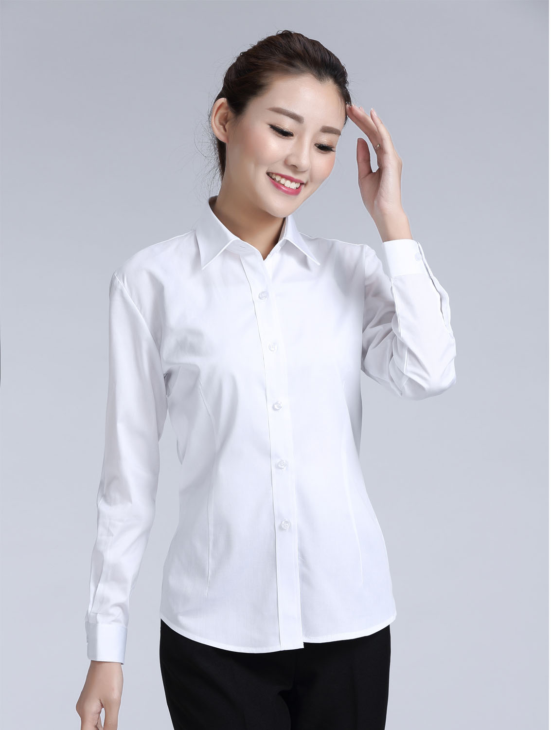 白色斜紋女款滌棉翻領長袖修身襯衫-CVC021#