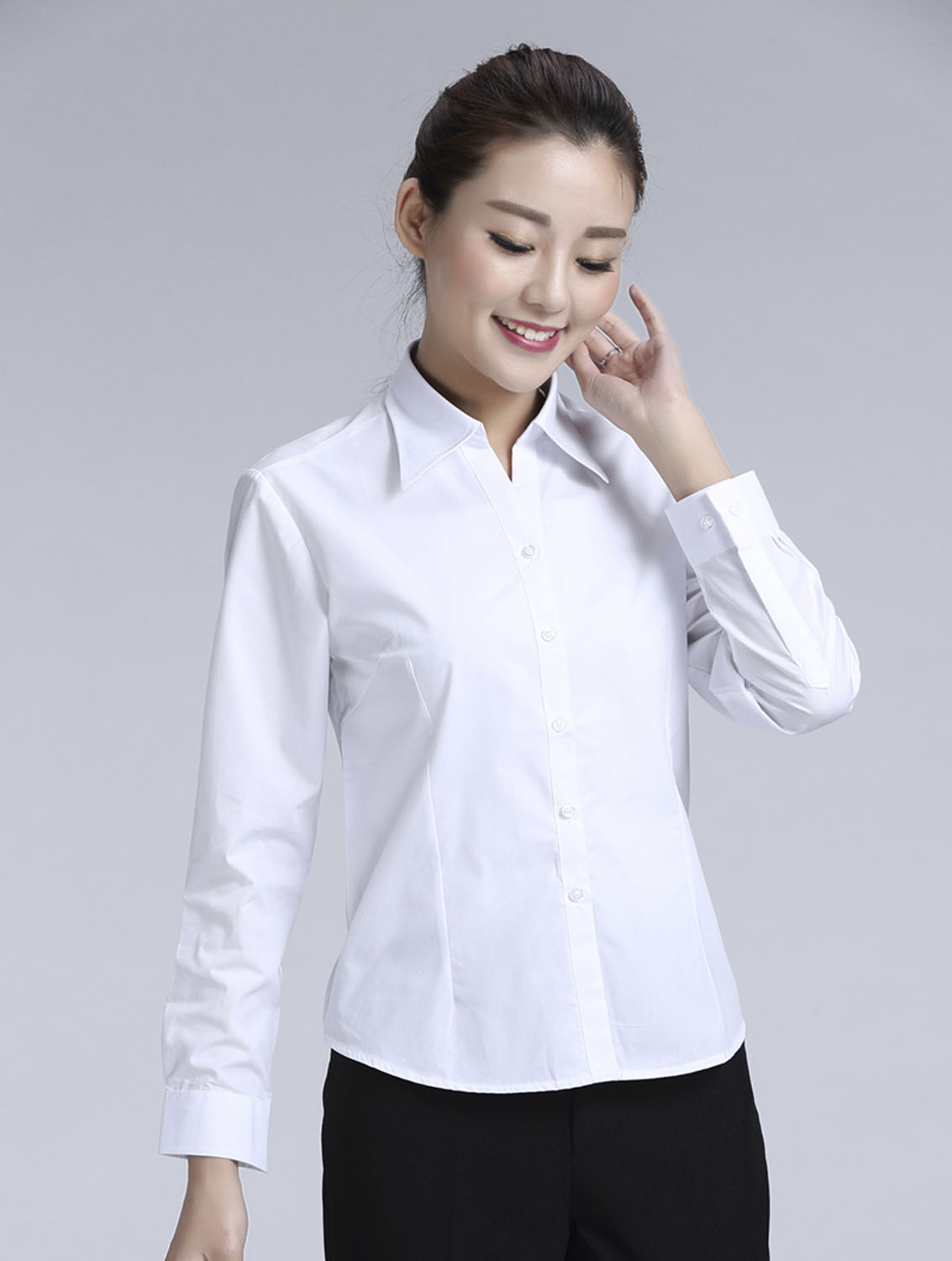 白色女款滌棉翻領長袖修身襯衫-TR0201#