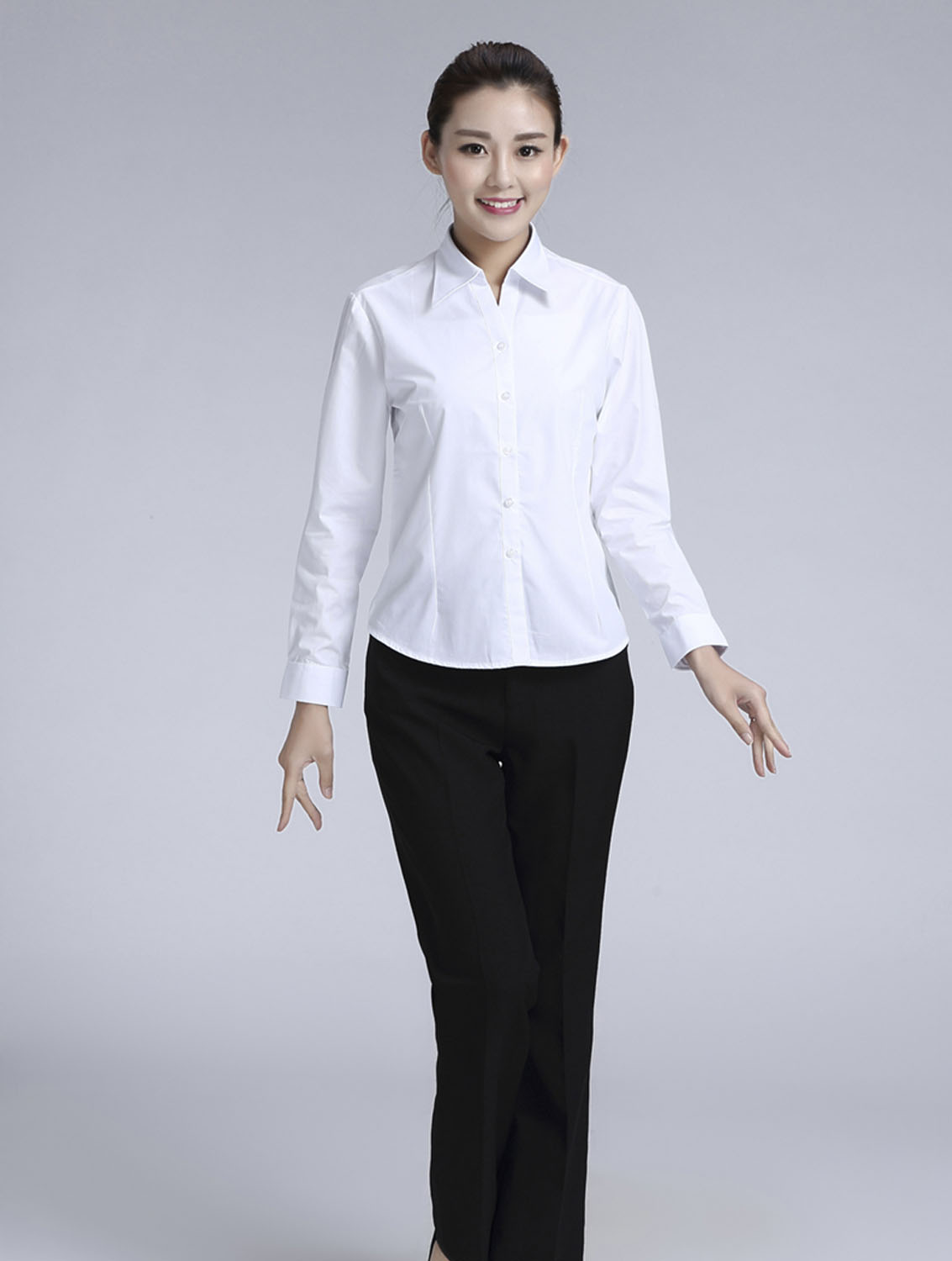 白色女款滌棉翻領長袖修身襯衫-TR0201#