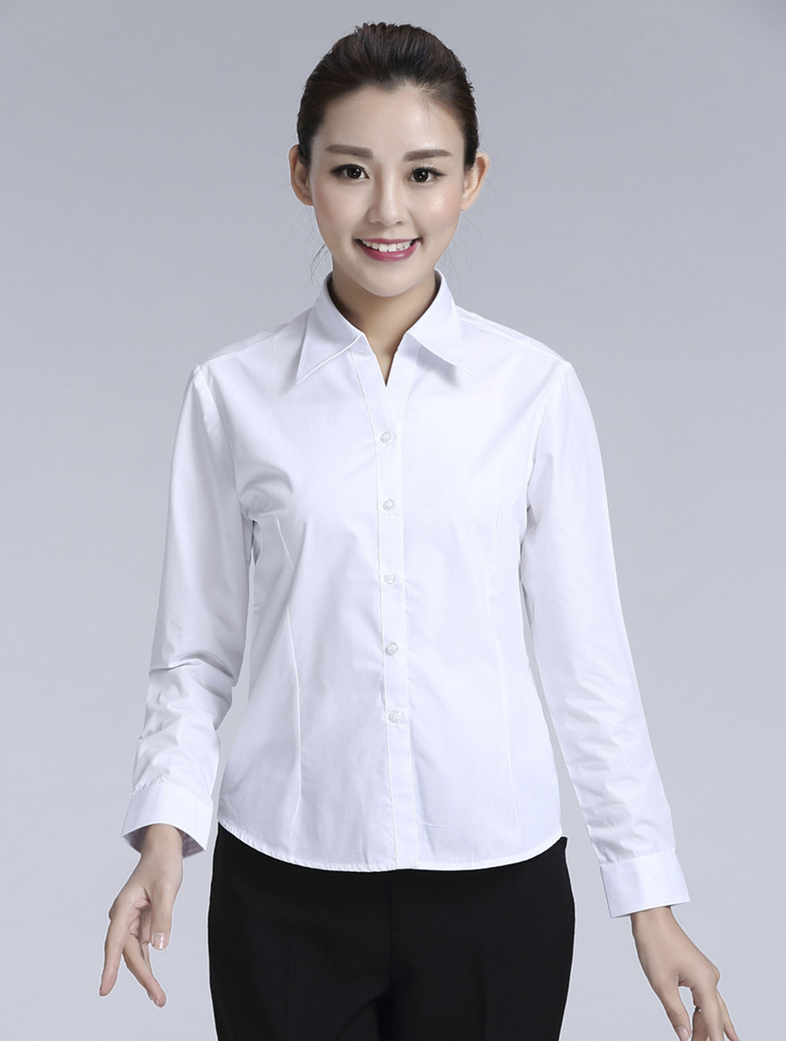 白色女款滌棉翻領長袖修身襯衫-TR0201#