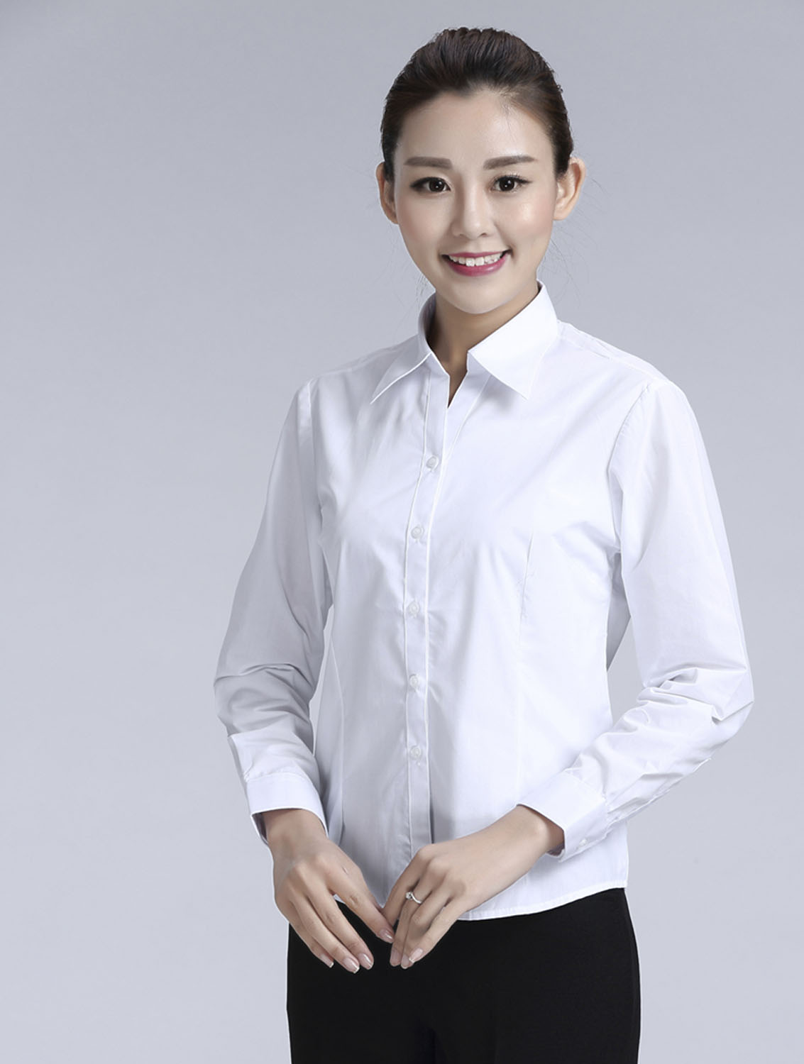 白色女款滌棉翻領長袖修身襯衫-TR0201#