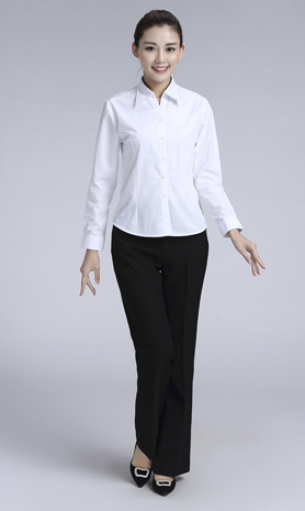 白色女款滌棉翻領長袖修身襯衫-TR0201#