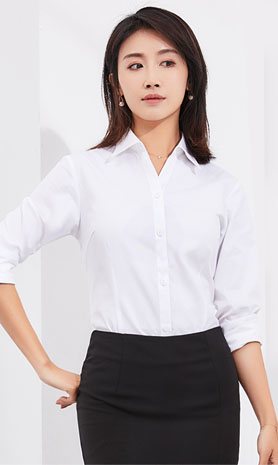 白色女款竹纖維抗皺翻領長袖修身襯衫-601#