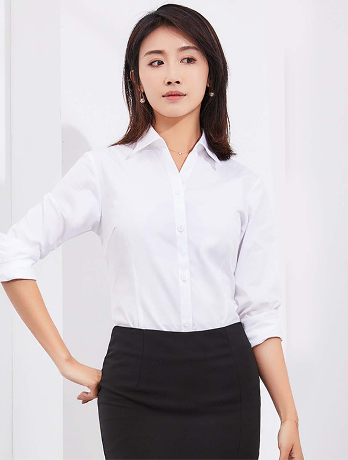 白色女款竹纖維抗皺翻領長袖修身襯衫-601#