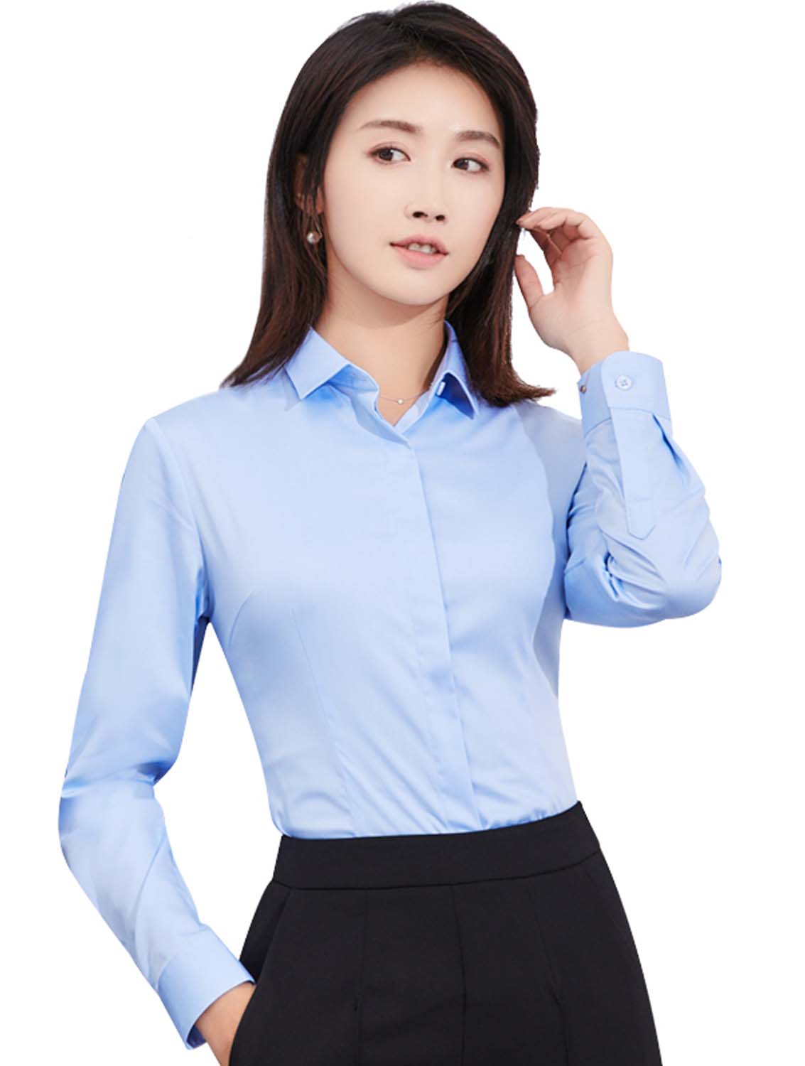 藍色女款竹纖維抗皺翻領長袖修身襯衫-611#