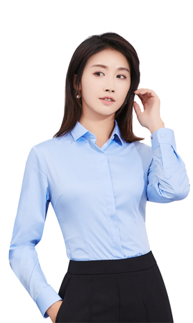 藍色女款竹纖維抗皺翻領長袖修身襯衫-611#