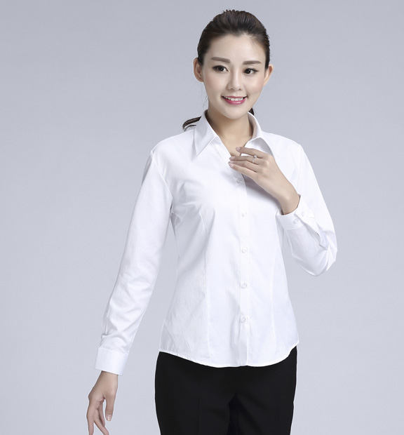 白色暗條紋女款滌棉翻領長袖修身襯衫-612#