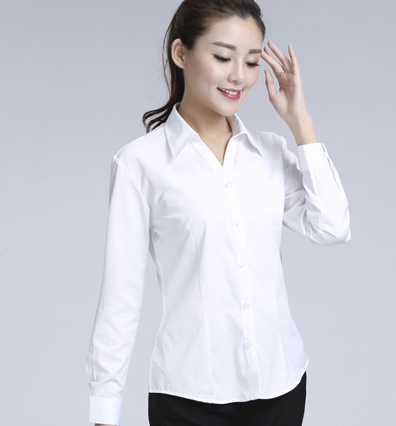 白色暗條紋女款滌棉翻領長袖修身襯衫-612#