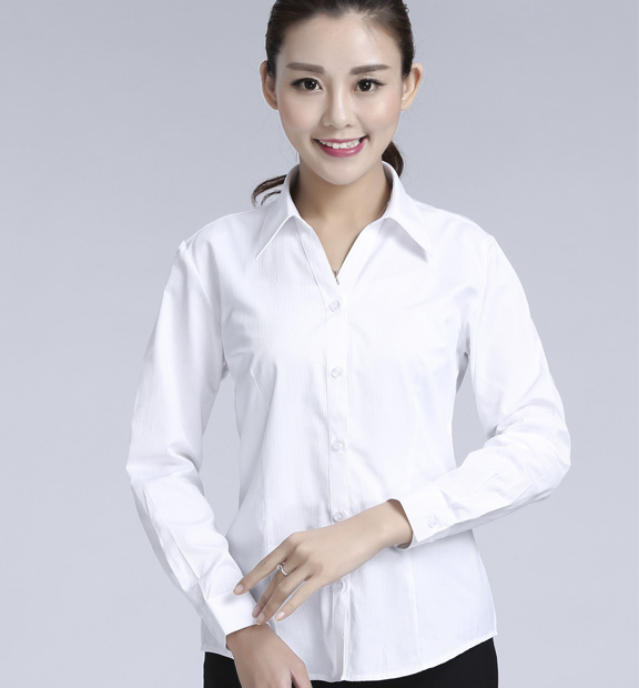 白色暗條紋女款滌棉翻領長袖修身襯衫-612#