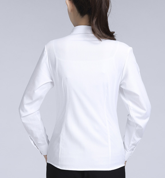 白色暗條紋女款滌棉翻領長袖修身襯衫-612#