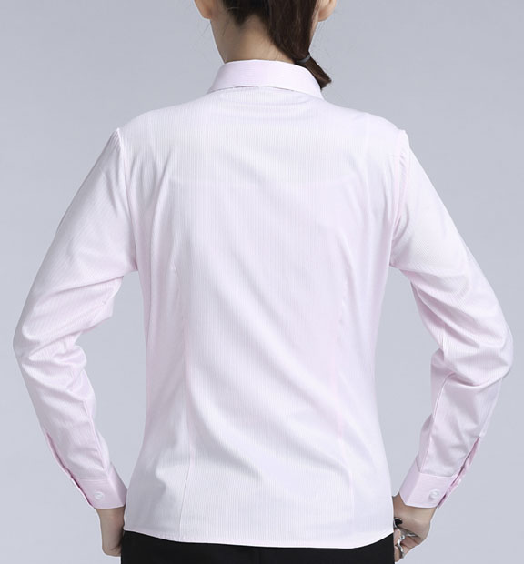 粉色暗條紋女款滌棉翻領長袖修身襯衫-613#