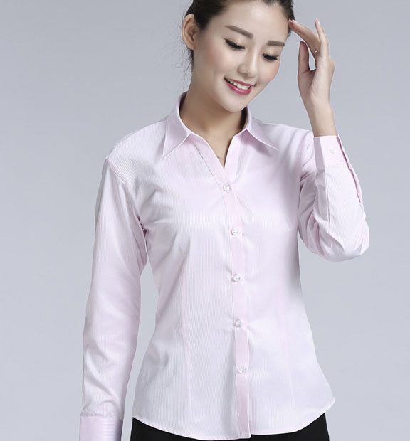 粉色暗條紋女款滌棉翻領長袖修身襯衫-613#