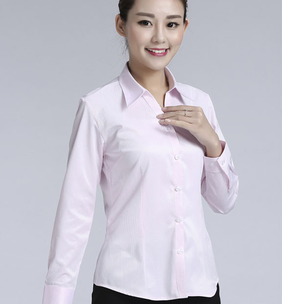 粉色暗條紋女款滌棉翻領長袖修身襯衫-613#