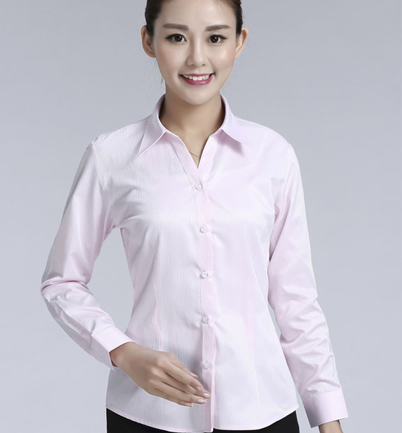 粉色暗條紋女款滌棉翻領長袖修身襯衫-613#