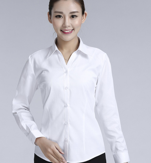 白色條紋女款滌棉翻領長袖修身襯衫-614#