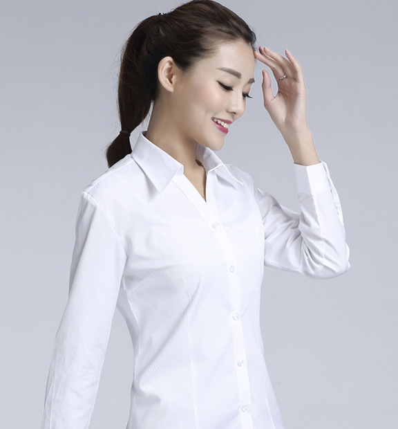白色條紋女款滌棉翻領長袖修身襯衫-614#
