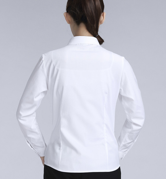 白色條紋女款滌棉翻領長袖修身襯衫-614#