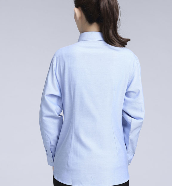 藍色女款牛津紡透氣翻領長袖修身襯衫-615#