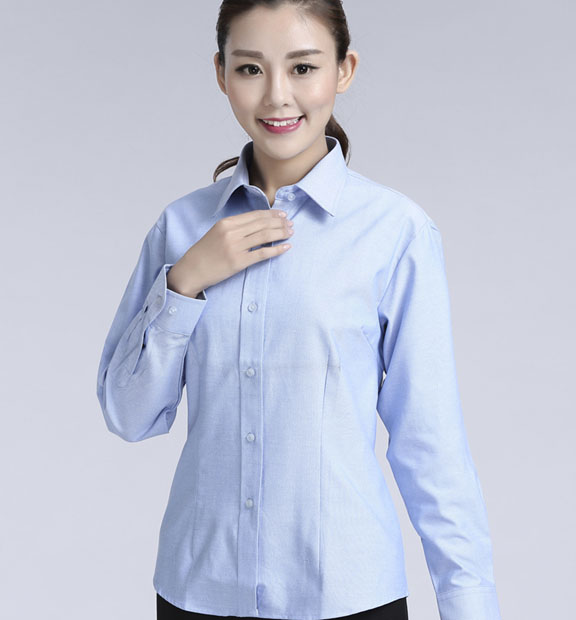 藍色女款牛津紡透氣翻領長袖修身襯衫-615#