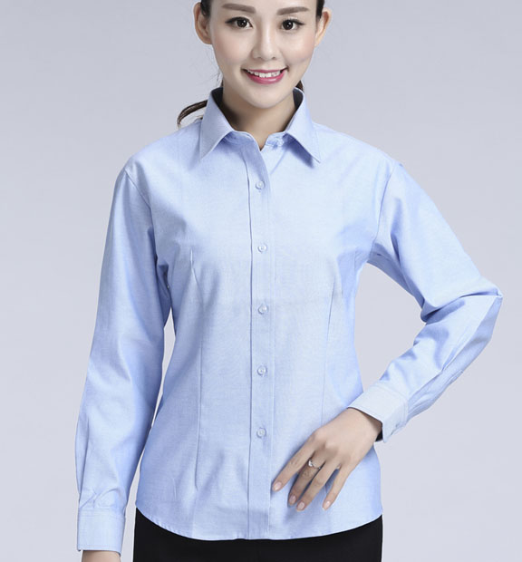 藍色女款牛津紡透氣翻領長袖修身襯衫-615#
