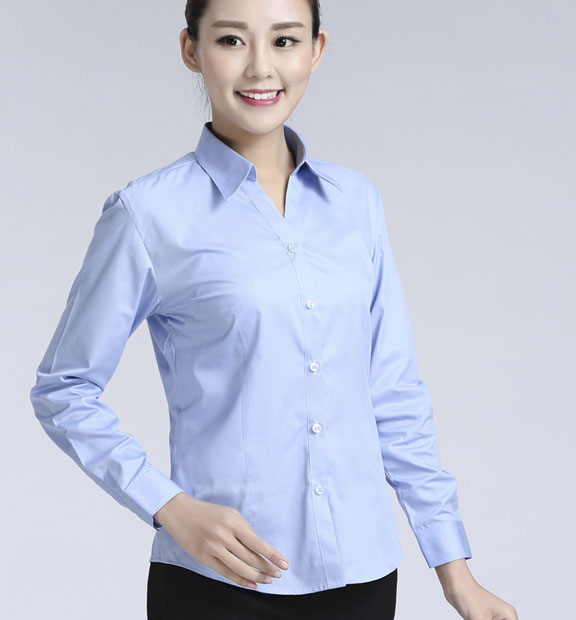 藍色女款滌棉翻領長袖修身襯衫-616#