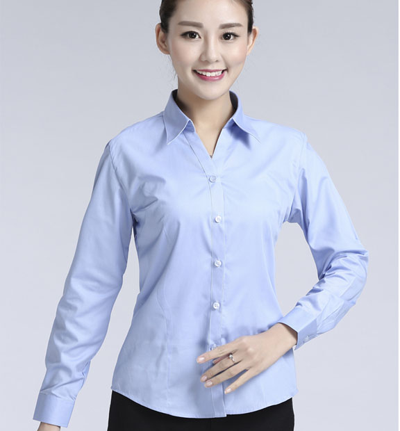 藍色女款滌棉翻領長袖修身襯衫-616#