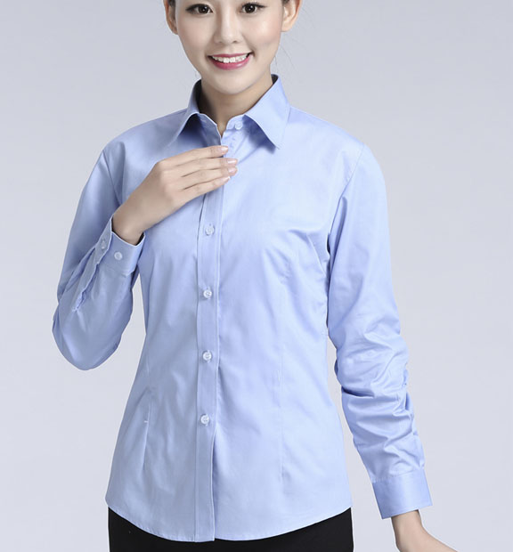藍色女款滌棉翻領長袖正裝修身襯衫-617#