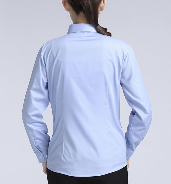 藍色女款滌棉翻領長袖正裝修身襯衫-617#