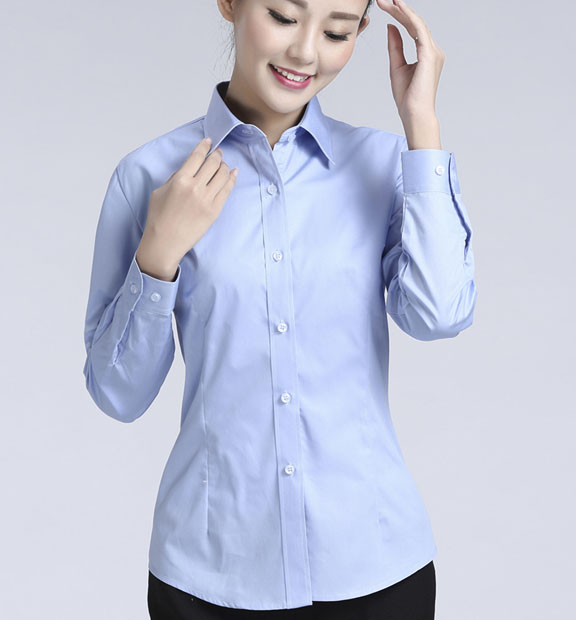 藍色女款滌棉翻領長袖正裝修身襯衫-617#