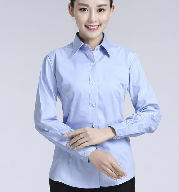 藍色女款滌棉翻領長袖正裝修身襯衫-617#
