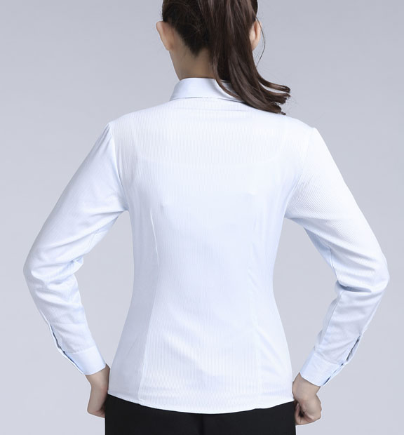 藍色暗條紋女款滌棉翻領長袖修身襯衫-618#