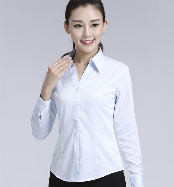 藍色暗條紋女款滌棉翻領長袖修身襯衫-618#