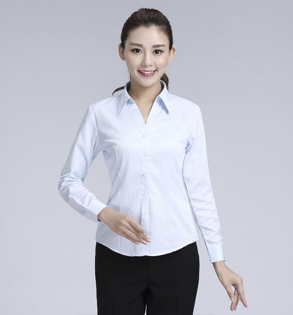 藍色暗條紋女款滌棉翻領長袖修身襯衫-618#