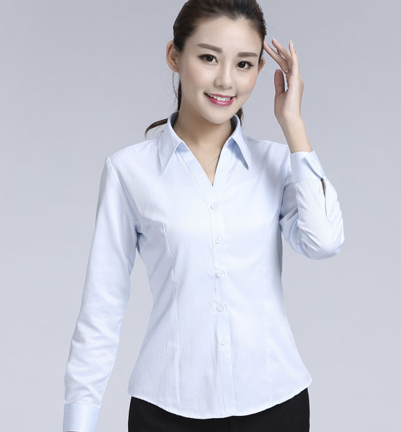 藍色暗條紋女款滌棉翻領長袖修身襯衫-618#